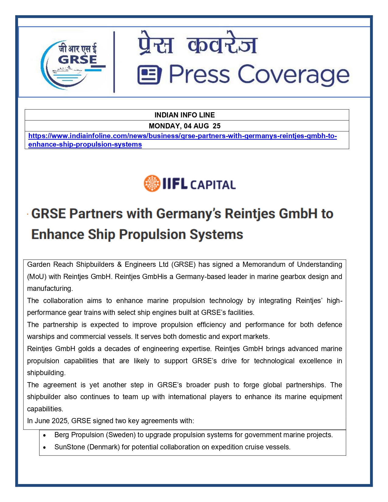 Press Coverage : 4 Aug 25:GRSE Signs MoU with Germany's Reintjes GmbH to Integrate High Quality Propulsion Gear Trains for Indian Navy Ships